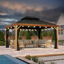 PURPLE LEAF Hardtop Gazebo for Patio Wood Grain Aluminum Frame Awning with String Lights-clear