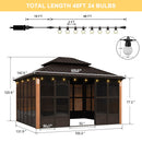 PURPLE LEAF Bronze Frame Sunroom Hardtop Gazebo Solarium Wood Grain Columns Galvanized Steel Double Roof All-Weather Screen House with Lights