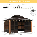 PURPLE LEAF Bronze Frame Sunroom Hardtop Gazebo Solarium Wood Grain Columns Galvanized Steel Double Roof All-Weather Screen House with Lights