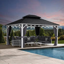 PURPLE LEAF Modern Gazebo Grey Hardtop Galvanized Steel Double Roof White Aluminum Poles with Curtains and Netting with Lights-milky