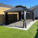 PURPLE LEAF Modern Gazebo Grey Hardtop Galvanized Steel Double Roof White Aluminum Poles with Curtains and Netting