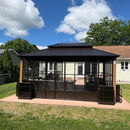 PURPLE LEAF Bronze Frame Sunroom Hardtop Gazebo Solarium Wood Grain Columns Galvanized Steel Double Roof All-Weather Screen House with Lights