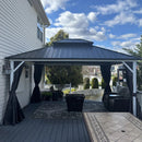 PURPLE LEAF Modern Gazebo Grey Hardtop Galvanized Steel Double Roof White Aluminum Poles with Curtains and Netting with Lights-clear