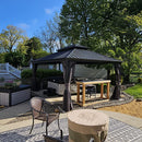 PURPLE LEAF Patio Gazebo for Backyard Grey Hardtop Galvanized Steel Roof Awning with Upgrade Curtain