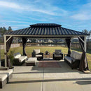 PURPLE LEAF Modern Gazebo Grey Hardtop Galvanized Steel Double Roof White Aluminum Poles with Curtains and Netting with Lights-clear