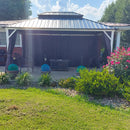 PURPLE LEAF Modern Gazebo Grey Hardtop Galvanized Steel Double Roof White Aluminum Poles with Curtains and Netting with Lights-milky