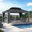 PURPLE LEAF Modern Gazebo Grey Hardtop Galvanized Steel Double Roof White Aluminum Poles with Curtains and Netting