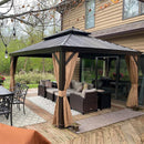 PURPLE LEAF Outdoor Hardtop Gazebo for Garden Bronze Double Roof Aluminum Frame Pavilion with String Lights-milky