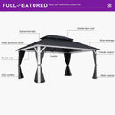 PURPLE LEAF Modern Gazebo Grey Hardtop Galvanized Steel Double Roof White Aluminum Poles with Curtains and Netting with Lights-milky
