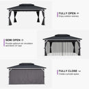 PURPLE LEAF Modern Gazebo Grey Hardtop Galvanized Steel Double Roof White Aluminum Poles with Curtains and Netting with Lights-milky