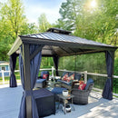 PURPLE LEAF Outdoor Hardtop Gazebo for Patio Bronze Aluminum Frame Pavilion with Navy-Blue Curtain and Reinforced Support Rods