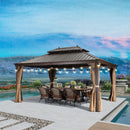 PURPLE LEAF Outdoor Hardtop Gazebo for Garden Bronze Double Roof Aluminum Frame Pavilion with String Lights-milky