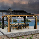 PURPLE LEAF Hardtop Gazebo for Patio Wood Grain Aluminum Frame Awning with String Lights-clear