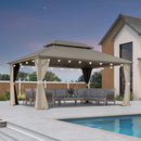 PURPLE LEAF Deck Gazebo Champagne Hardtop Metal Frame Double Roof with Curtains and Netting with Lights-clear