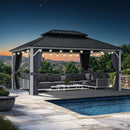 PURPLE LEAF Modern Gazebo Grey Hardtop Galvanized Steel Double Roof White Aluminum Poles with Curtains and Netting with Lights-clear