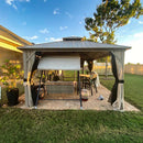 PURPLE LEAF Deck Gazebo Champagne Hardtop Metal Frame Double Roof with Curtains and Netting with Lights-milky