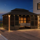 PURPLE LEAF Bronze Frame Sunroom Hardtop Gazebo Solarium Wood Grain Columns Galvanized Steel Double Roof All-Weather Screen House with Lights