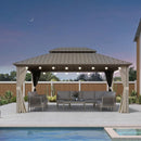 PURPLE LEAF Deck Gazebo Champagne Hardtop Metal Frame Double Roof with Curtains and Netting with Lights-milky