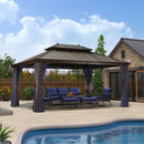 PURPLE LEAF Outdoor Hardtop Gazebo for Patio Bronze Aluminum Frame Pavilion with Navy-Blue Curtain