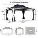 PURPLE LEAF Modern Gazebo Grey Hardtop Galvanized Steel Double Roof White Aluminum Poles with Curtains and Netting