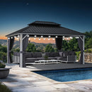 PURPLE LEAF Modern Gazebo Grey Hardtop Galvanized Steel Double Roof White Aluminum Poles with Curtains and Netting with Lights-milky