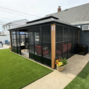 PURPLE LEAF Sunroom Hardtop Gazebo with Wood Grain Columns Black Frame Double Roof Galvanized Steel Solarium All-Weather Screen House