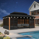 PURPLE LEAF Sunroom Hardtop Gazebo with Wood Grain Columns Black Frame Double Roof Galvanized Steel Solarium All-Weather Screen House with String Lights