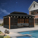 PURPLE LEAF Sunroom Hardtop Gazebo with Wood Grain Columns Black Frame Double Roof Galvanized Steel Solarium All-Weather Screen House with String Lights