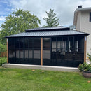 PURPLE LEAF Sunroom Hardtop Gazebo with Wood Grain Columns Black Frame Double Roof Galvanized Steel Solarium All-Weather Screen House