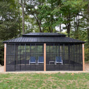 PURPLE LEAF Sunroom Hardtop Gazebo with Wood Grain Columns Black Frame Double Roof Galvanized Steel Solarium All-Weather Screen House with String Lights