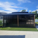 PURPLE LEAF Sunroom Hardtop Gazebo with Wood Grain Columns Black Frame Double Roof Galvanized Steel Solarium All-Weather Screen House with String Lights