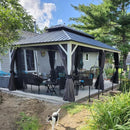 PURPLE LEAF Modern Gazebo Grey Hardtop Galvanized Steel Double Roof White Aluminum Poles with Curtains and Netting with Lights-milky
