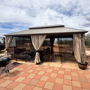 PURPLE LEAF Deck Gazebo Champagne Hardtop Metal Frame Double Roof with Curtains and Netting with Lights-milky
