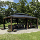 PURPLE LEAF Hardtop Gazebo for Patio Wood Grain Aluminum Frame Awning with Netting