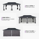 PURPLE LEAF Modern Gazebo Grey Hardtop Galvanized Steel Double Roof White Aluminum Poles with Curtains and Netting with Lights-milky