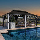 PURPLE LEAF Modern Gazebo Grey Hardtop Galvanized Steel Double Roof White Aluminum Poles with Curtains and Netting with Lights-clear