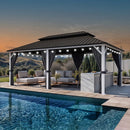 PURPLE LEAF Modern Gazebo Grey Hardtop Galvanized Steel Double Roof White Aluminum Poles with Curtains and Netting with Lights-milky