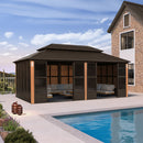 PURPLE LEAF Bronze Frame Sunroom Hardtop Gazebo Solarium Wood Grain Columns Galvanized Steel Double Roof All-Weather Screen House
