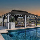 PURPLE LEAF Modern Gazebo Grey Hardtop Galvanized Steel Double Roof White Aluminum Poles with Curtains and Netting with Lights-milky