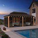 PURPLE LEAF Bronze Frame Sunroom Hardtop Gazebo Solarium Wood Grain Columns Galvanized Steel Double Roof All-Weather Screen House with Lights