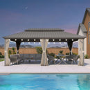 PURPLE LEAF Deck Gazebo Champagne Hardtop Metal Frame Double Roof with Curtains and Netting with Lights-milky