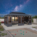 PURPLE LEAF Sunroom Hardtop Gazebo Solarium Grey Galvanized Steel Double Roof  All-Weather Aluminum Outdoor Screen House with String Lights