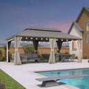 PURPLE LEAF Deck Gazebo Champagne Hardtop Metal Frame Double Roof with Curtains and Netting with Lights-clear