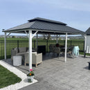PURPLE LEAF Modern Gazebo Grey Hardtop Galvanized Steel Double Roof White Aluminum Poles with Curtains and Netting