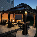 PURPLE LEAF Hardtop Gazebo for Patio Wood Grain Aluminum Frame Awning with String Lights-milky