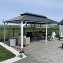 PURPLE LEAF Modern Gazebo Grey Hardtop Galvanized Steel Double Roof White Aluminum Poles with Curtains and Netting