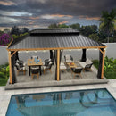 PURPLE LEAF Hardtop Gazebo for Patio Wood Grain Aluminum Frame Awning with String Lights-clear