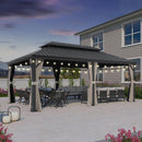 PURPLE LEAF Outdoor Hardtop Gazebo for Patio Grey Aluminum Frame Pavilion with Khaki curtains and String Lights