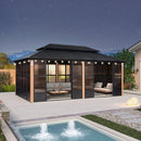 PURPLE LEAF Sunroom Hardtop Gazebo with Wood Grain Columns Black Frame Double Roof Galvanized Steel Solarium All-Weather Screen House with String Lights