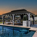PURPLE LEAF Modern Gazebo Grey Hardtop Galvanized Steel Double Roof White Aluminum Poles with Curtains and Netting with Lights-milky
